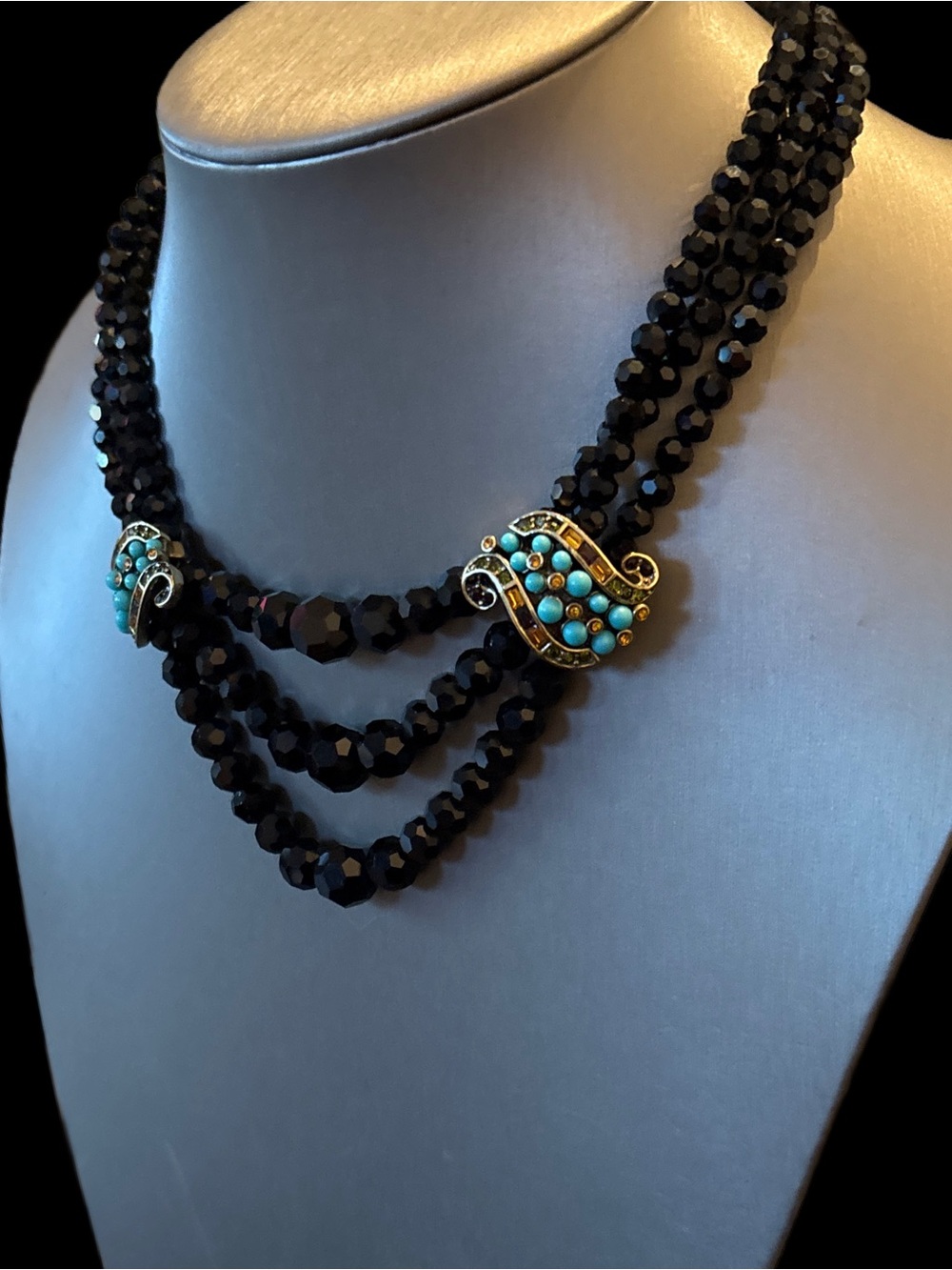 Heidi Daus “A Return To Grace” Turquoise Crystal Black Multi Strand Necklace